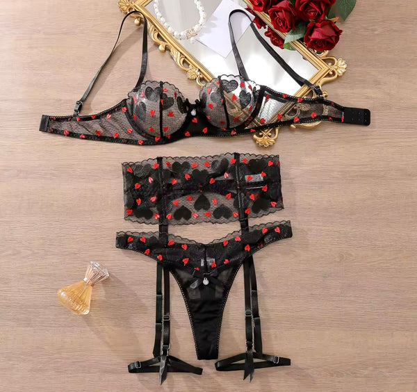 Women Sexy Heart Color Patchwork Mesh Lingerie Set