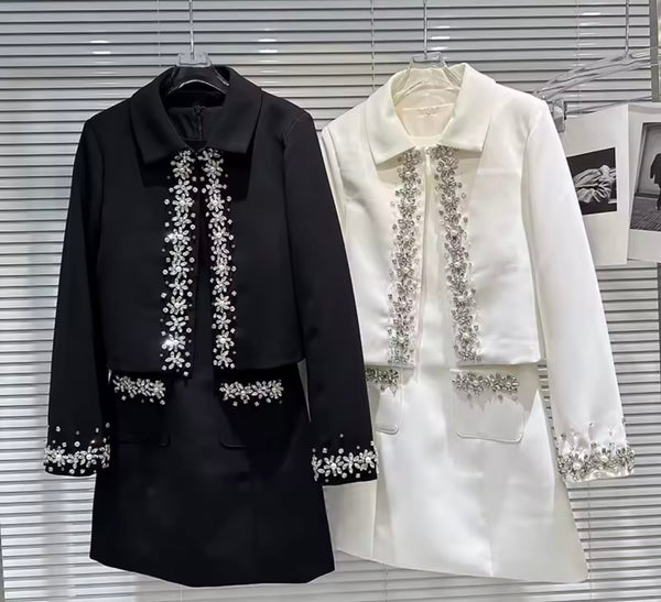 Women Rhinestone Blazer Two Piece Fashion Dress Set