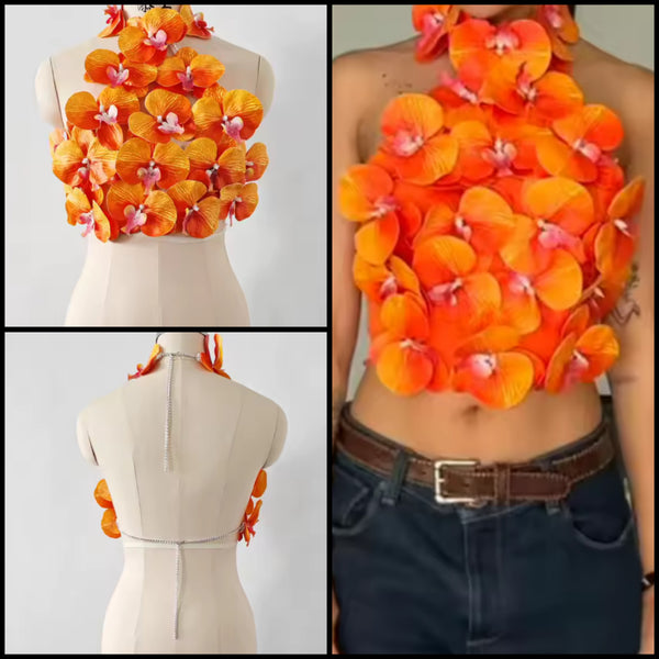 Women Halter Sleeveless Floral Open Back Crop Top