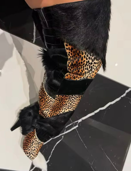 Women Over The Knee Fur Patchwork High Heel Boots