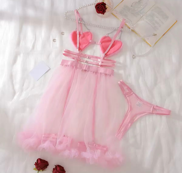 Women Sexy Pink Heart Mesh Lingerie Set