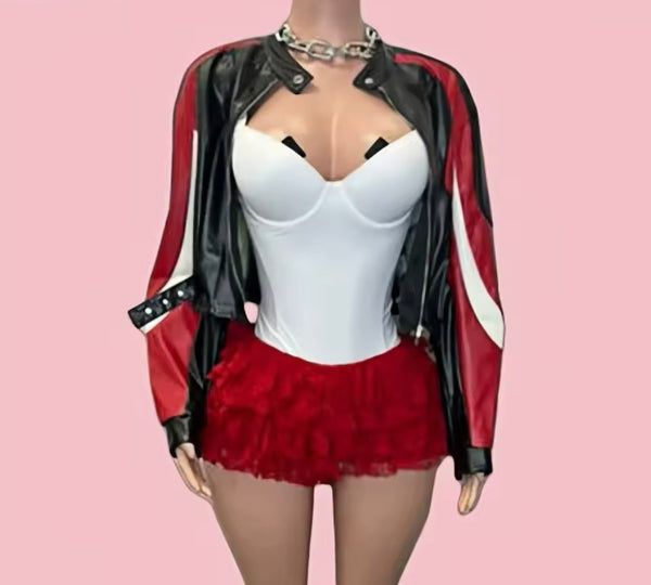 Women Fashion Striped Jacket Three Piece Ruffled Short Set