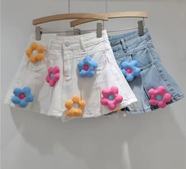 Women Fashion 3D Floral Patchwork Denim Pleated Skirt
