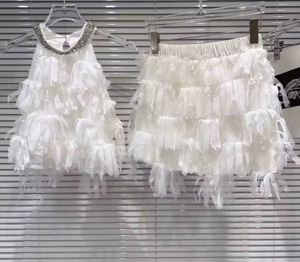 Women White Rhinestone Halter Sexy Two Piece Tassel Skirt Set