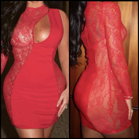 Women Red Sexy One Shoulder Full Sleeve Lace Patchwork Dress