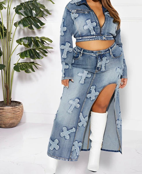 Women Fashion Printed Two Piece Denim Jacket Maxi Skirt Set