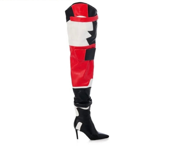 Women Color Patchwork Fashion Faux Leather Over The Knee High Heel Boots