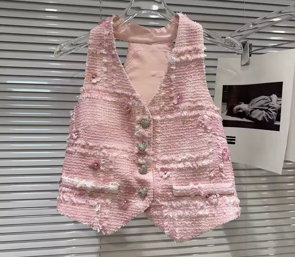 Women Sleeveless Button Up Pink Tweed Two Piece Short Set