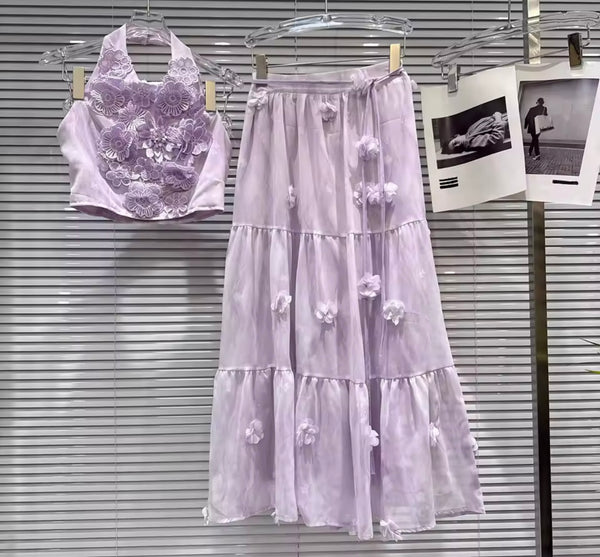 Women Sexy Purple Floral Halter Sleeveless Two Piece Maxi Skirt Set