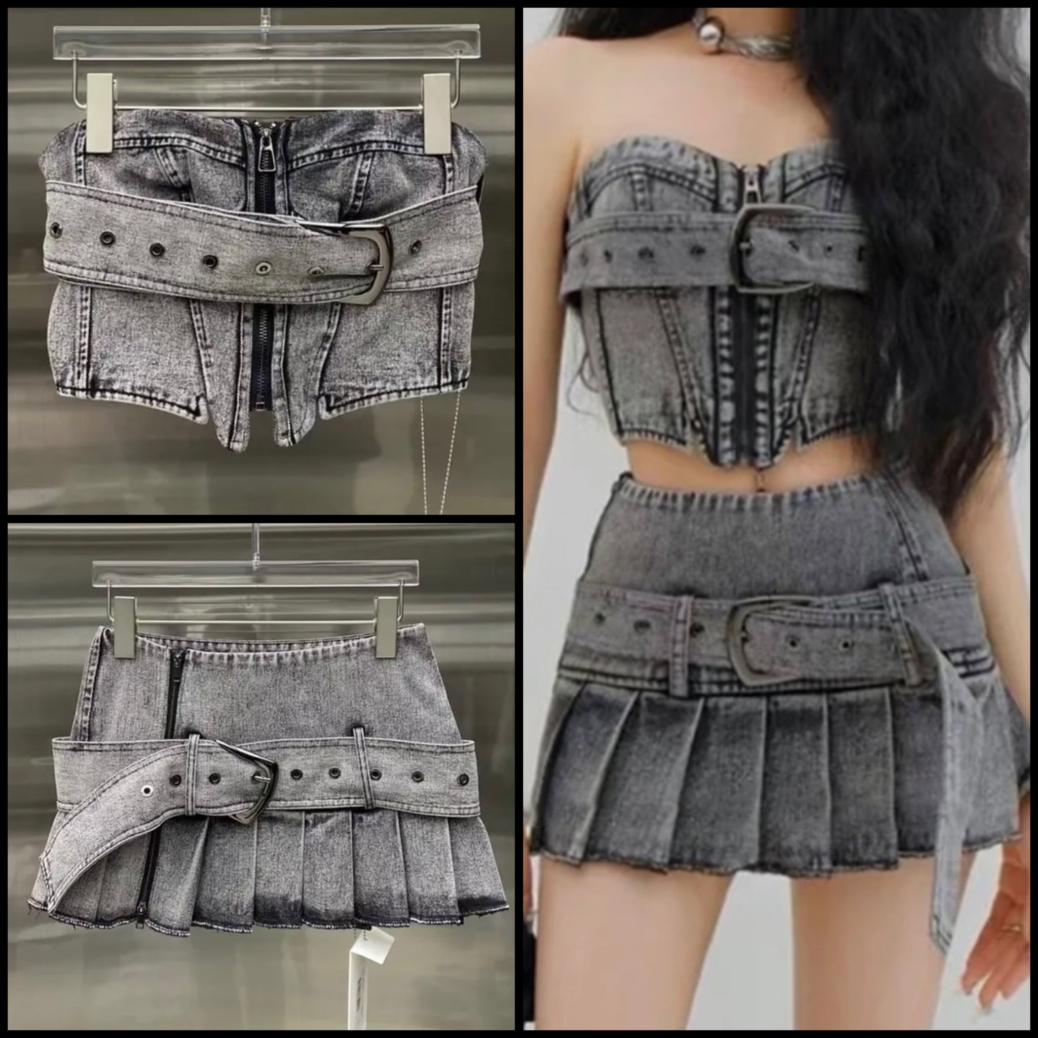 Women Sexy Fashion Strapless Buckled Denim Two Piece Pleated Skirt Set