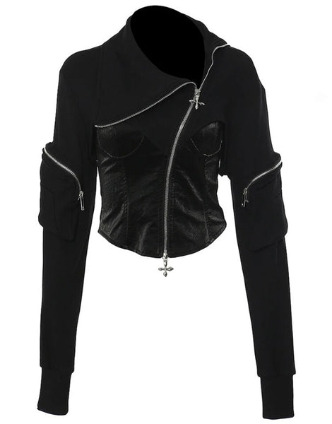 Women Fashion Black Zipper Back Lace Up Jacket