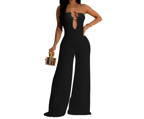 Women Sexy Strapless Metal V-Neck Wide Leg Jumpsuit