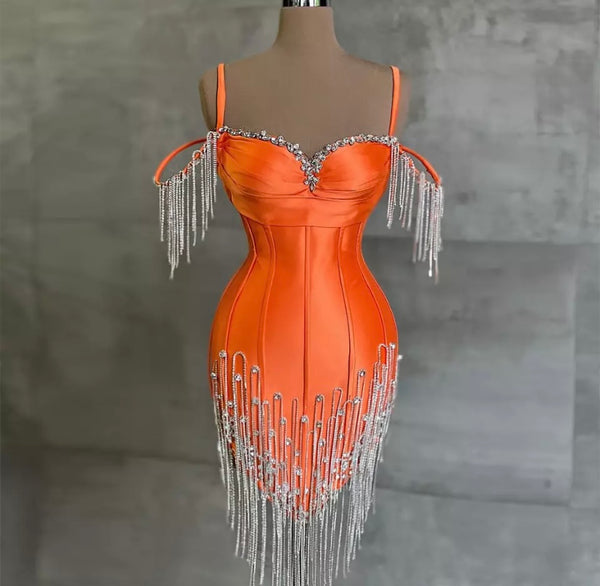 Women Sexy Sleeveless Orange Rhinestone Tassel Dress