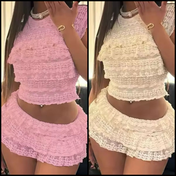 Women Sexy Color Ruffled Lace Two Piece Skirt Set