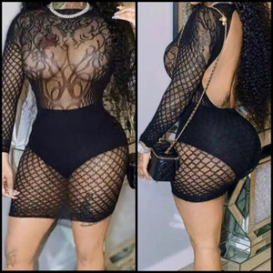Women Black Sexy Open Back Lace Full Sleeve Dress