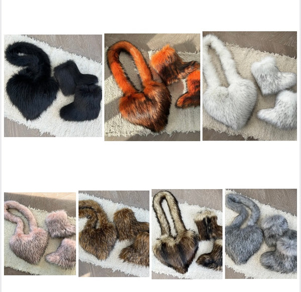 Women Fashion Faux Fur Ankle Boots Heart Handbag Set