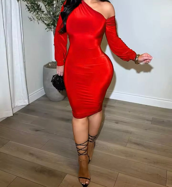 Women Sexy Skew Collar Full Sleeve Solid Color Dress