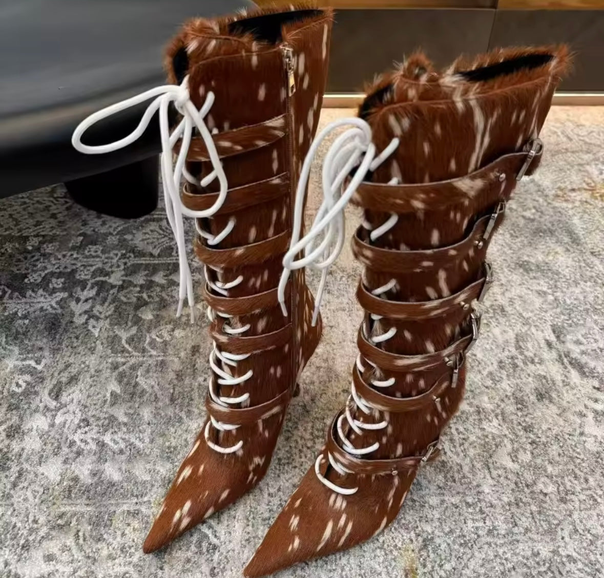 Women Fashion Mohair Lace Up Buckled Knee High Boots