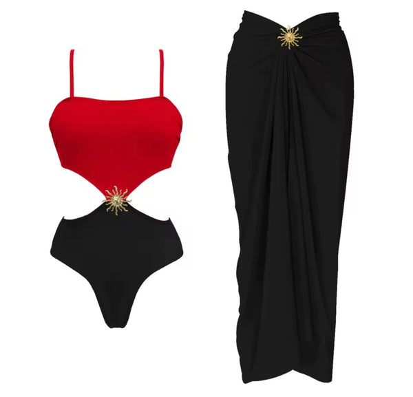 Women Sexy Color Patchwork Cut Out Swimsuit Cover Up Set