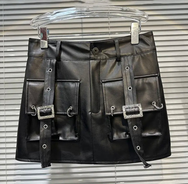 Women Black Fashion Buckled Faux Leather Skirt
