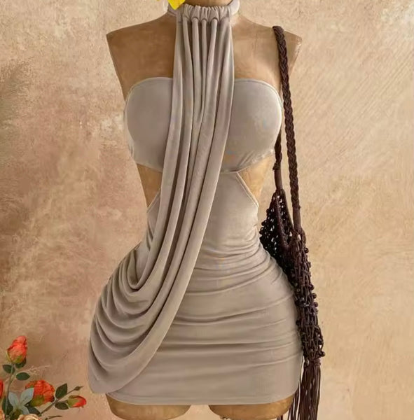 Women Sexy Halter Sleeveless Ruched Short Dress