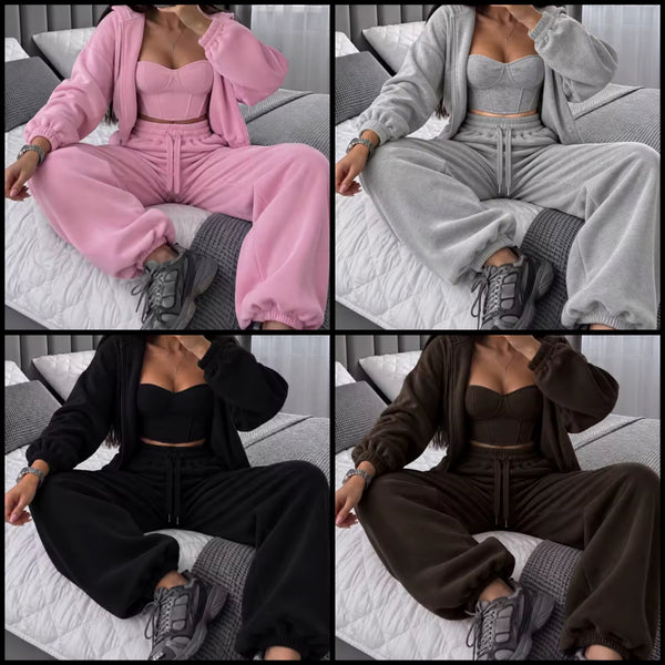 Women Color Hooded Fashion Three Piece Tracksuit Pant Set