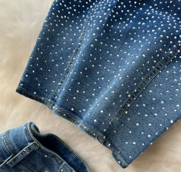 Women Strapless Bling Crop Two Piece Denim Pant Set