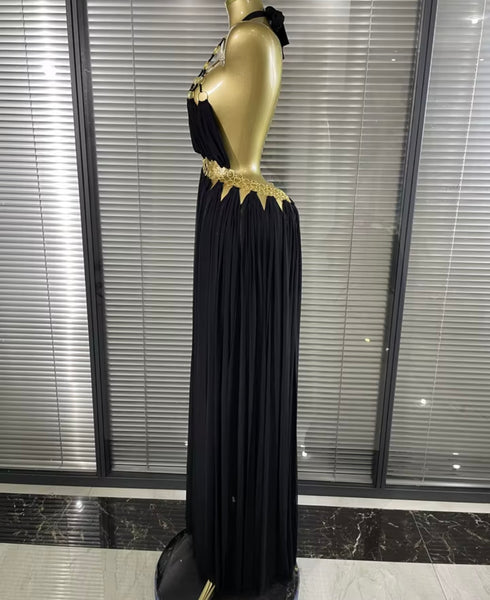 Women Sexy Halter Sleeveless Metal Ring Chiffon Maxi Dress