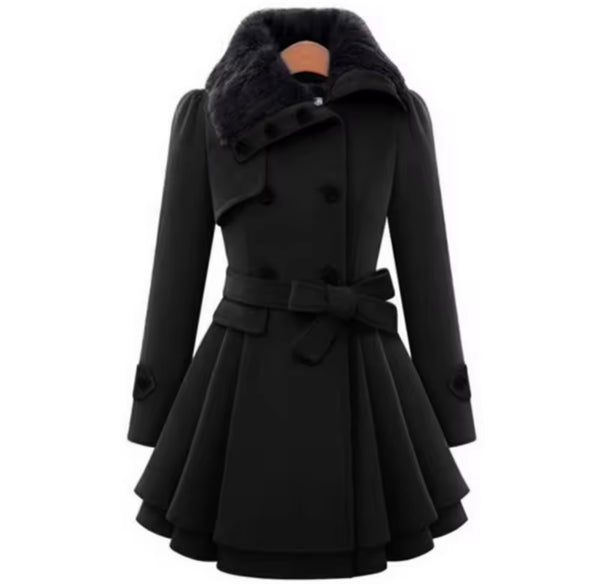 Women Fashion Fur Collar Button Up Ruffled Jacket
