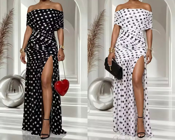 Women Polka Dot Off The Shoulder Front Split Maxi Dress