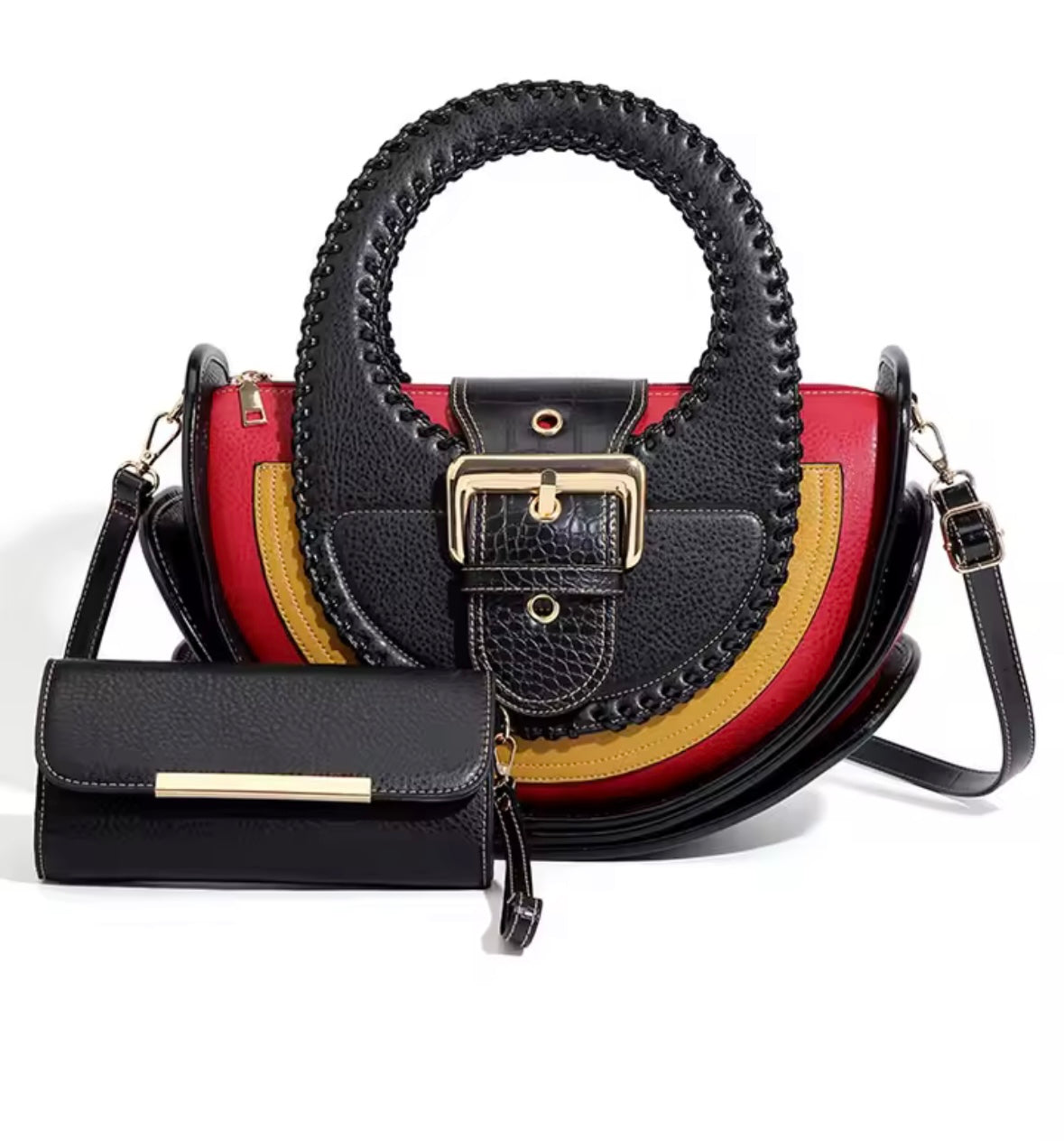 Women Fashion Color Patchwork Buckled Leather Wallet Purse Set