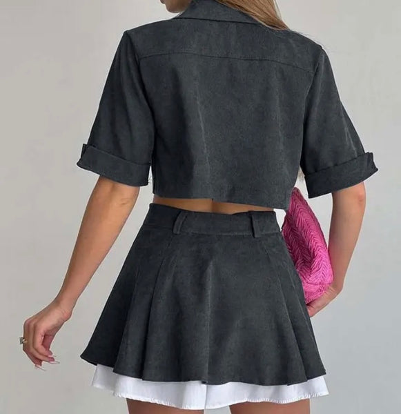 Women Sexy Button Up Short Sleeve Two Piece Pleated Skirt Set