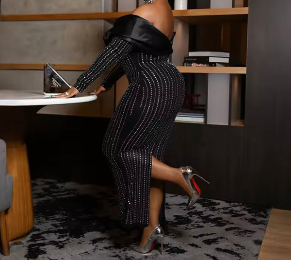 Women Sexy Off The Shoulder Full Sleeve Rhinestone Maxi Dress