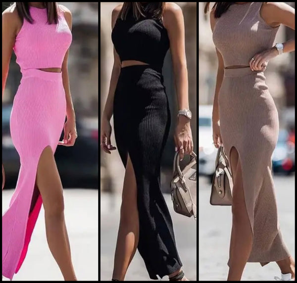 Women Sexy Sleeveless Ribbed Two Piece Maxi Skirt Set