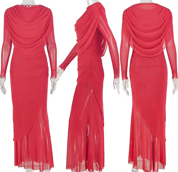 Women Red Sexy Ruche Draped Full Sleeve Maxi Dress