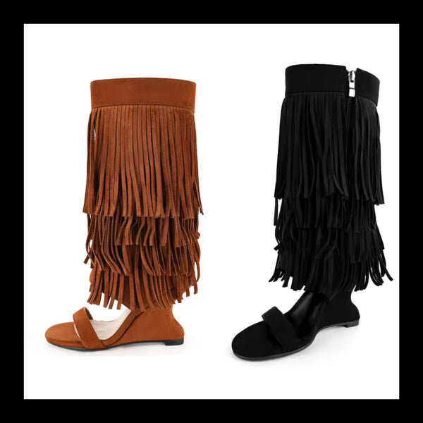 Women Fashion Suede Fringe Tassel Open Toe Wedge Boots