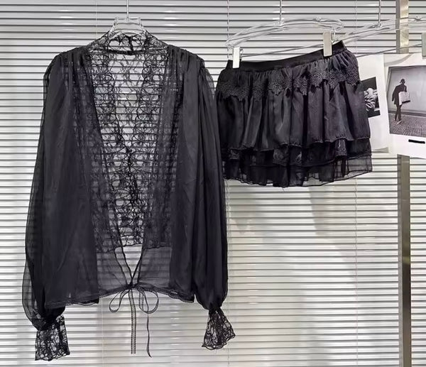 Women Lace Mesh Full Sleeve Two Piece Skirt Set