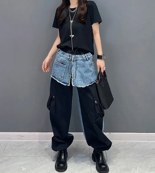 Women Fashion Color Denim Patchwork Cargo Pants