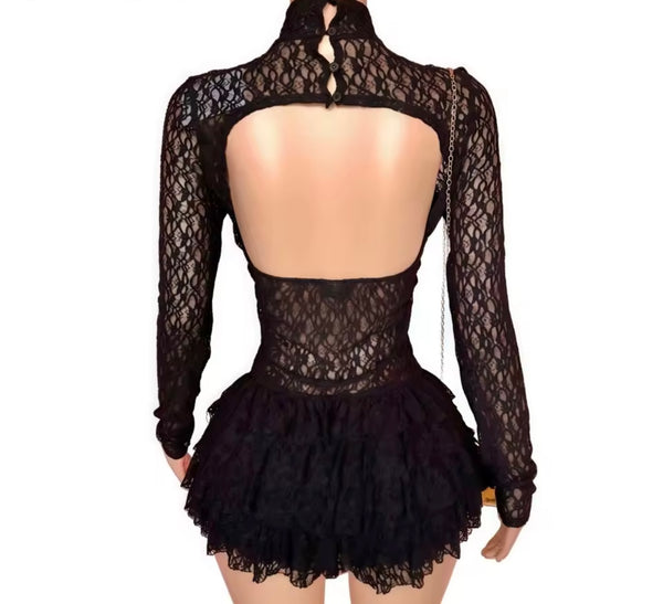 Women Sexy Full Sleeve Open Back Ruffled Lace Romper