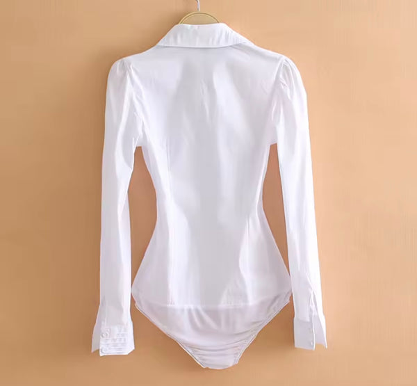 Women Fashion Button Up Full Sleeve Collar Bodysuit Top