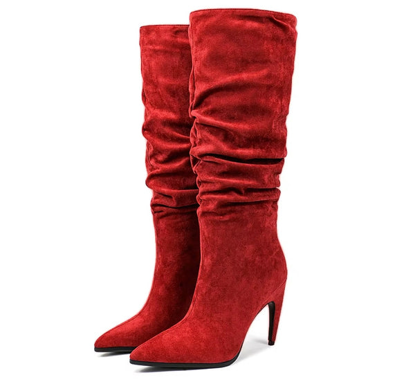 Women Fashion Ruched Suede Knee High Boots