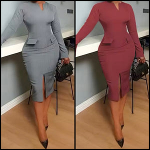 Women Sexy Solid Color Pocket Full Sleeve Dress
