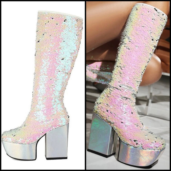 Women Sequins Platform Fashion Knee High Boots