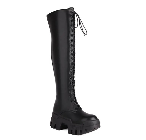 Women Black Faux/Patent Leather Lace Up Platform Knee High Boots