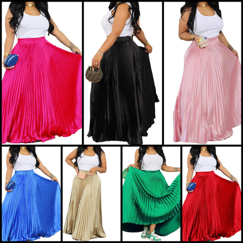 Women Solid Color Fashion Pleated Maxi Skirt
