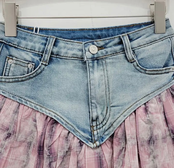 Women Sexy Fashion Color Plaid Denim Skirt
