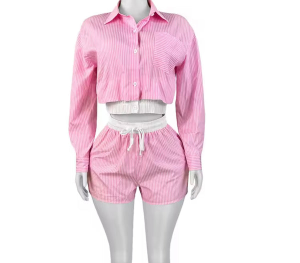Women Button Up Striped Full Sleeve Fashion Two Piece Short Set