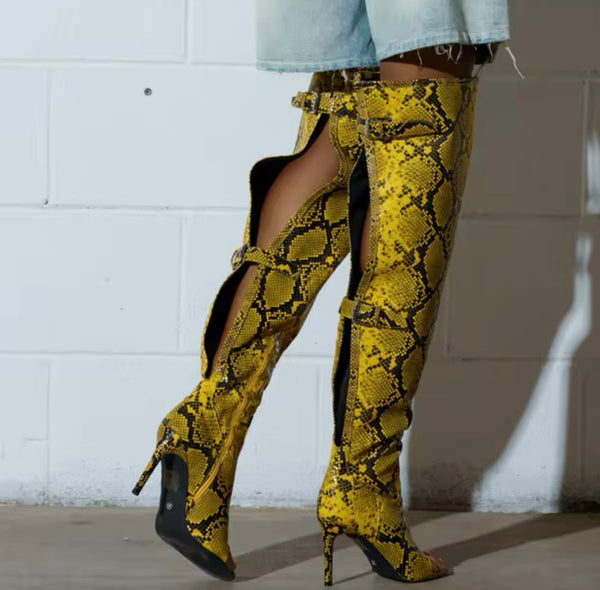 Women Fashion Open Toe Yellow Animal Print Knee High Boots