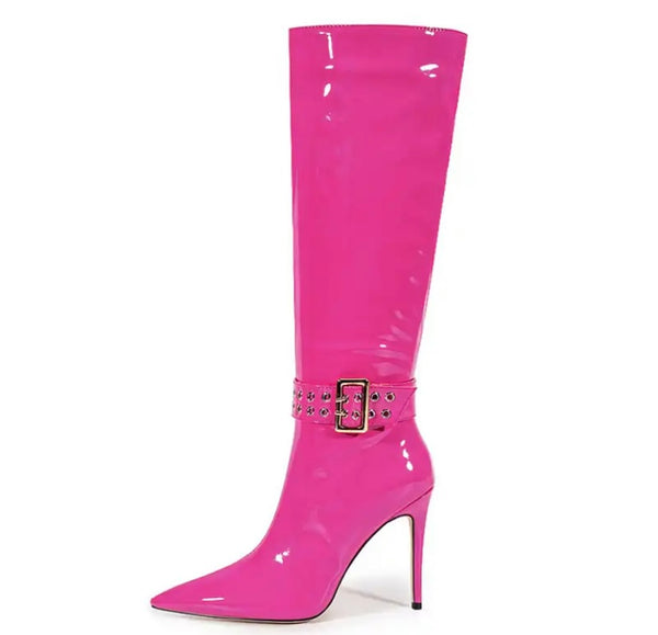 Women Fashion Patent Leather Buckled Knee High Boots