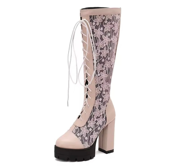Women Fashion Color Floral Mesh Lace Up Platform Knee High Boots